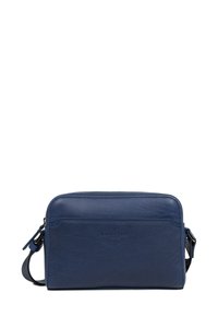 Borsa a tracolla blu in pelle con una texture liscia, chiusura con zip, tracolla regolabile e logo "LANCASTER PARIS" in rilievo sul davanti.