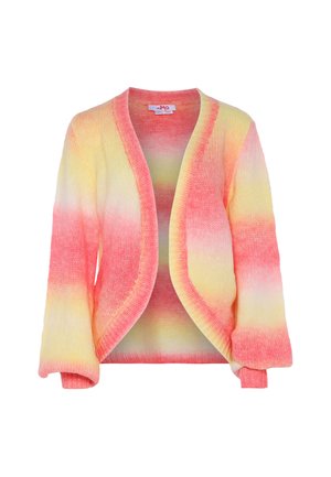 Sweter kardigan z otwartym przodem w miękkich, gradientowych kolorach różu, żółci i bieli, z długimi rękawami i prążkowanymi brzegami.