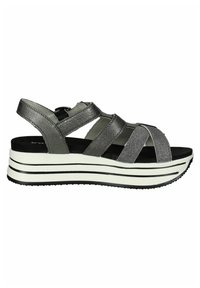 Gray strappy sandals with a mix of smooth and textured materials, featuring a white layered platform sole and adjustable back strap.