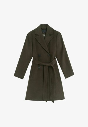 Brauner Wollmantel mit doppelter Reihe und Reverskragen, Taillengürtel und Seitentaschen. Verfügt über große schwarze Knöpfe und eine strukturierte Oberfläche.