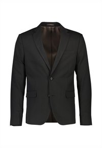 Blazer da uomo nero su misura con rever a incavo, due tasche frontali con patta, una tasca al petto e chiusura a due bottoni, foderato all'interno.