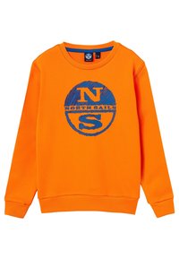 Sudadera naranja de mezcla de algodón, con cuello redondo, mangas largas y un gráfico azul con el texto "N" y "NORTH SAILS".