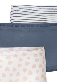 Three pairs of stretch cotton briefs: a solid dark blue, a white with pink heart patterns, and a white striped design.