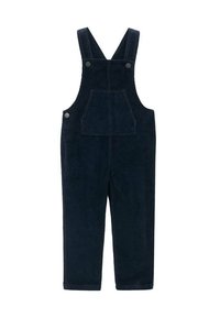 Pettorine di velluto a coste blu navy con spalline regolabili, tasca frontale e bottoni a pressione in metallo. Design a gamba dritta.