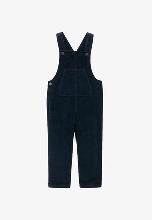 Navy blue corduroy overalls featuring adjustable shoulder straps, front pocket, and metal snap fasteners. Straight leg design.