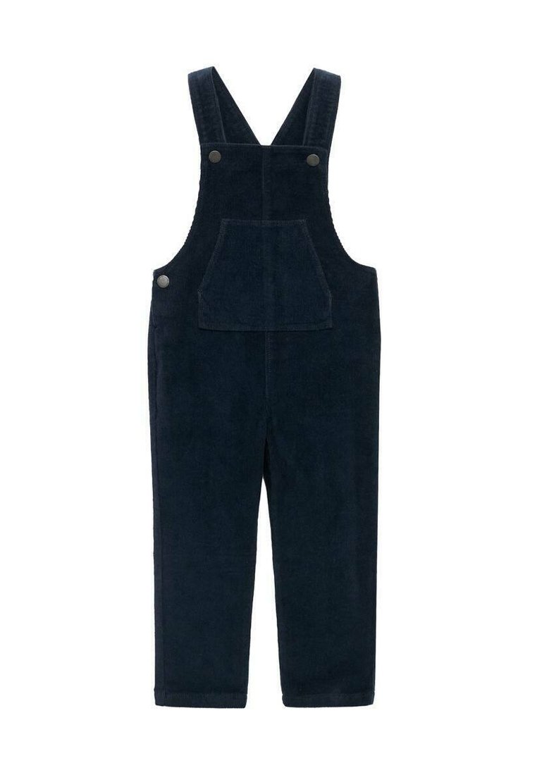 Pettorine di velluto a coste blu navy con spalline regolabili, tasca frontale e bottoni a pressione in metallo. Design a gamba dritta.