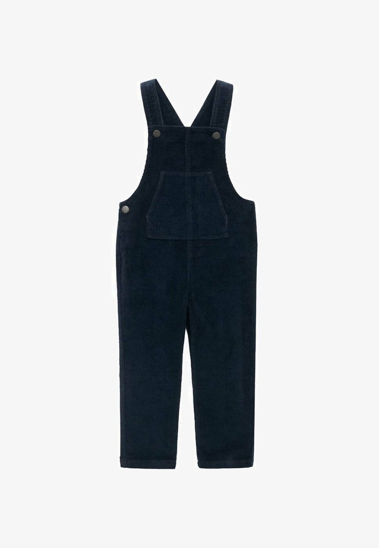 Marineblaue Corduroy-Latzhose mit verstellbaren Schulterträgern, einer Fronttasche und metallenen Druckknöpfen. Gerade Beinform.