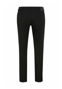 Zwarte, slim-fit broek met een gladde textuur, vijf zakken en een tailleband met een logotag. Rechtersnij ontwerp met een lage taille.