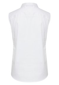 Cămașă albă fără mâneci, cu guler tip button-down, textură din bumbac neted, croială dreaptă și detaliu de yoke pe spate, concepută pentru ținute casual.