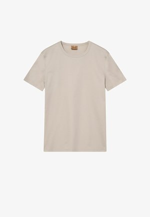 Šviesiai ruda trumpomis rankovėmis, apvalia apykakle medvilninė marškinėlių su mažu matomu ruduo ženklu gale, ant vidinės apykaklės.