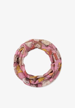 Pinkfarbener Stoff-Nackenschlauch mit cartoonartigen Gesichtern verschiedener lächelnder Kinder in unterschiedlichen Outfits und Frisuren.