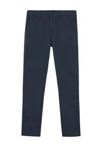 Marineblauwe katoenen chinos met een slim fit, voorzien van vo pockets en een enkele knoopsluiting. Glad textuur en een schoon ontwerp.