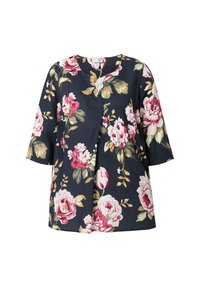 Ulla Popken FLORAL 3/4 SLEEVE SPLIT NECK  - Bluse - marine