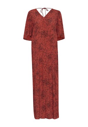 Robe longue rouge à manches courtes, décolleté en V, détail à nouer à l'arrière, avec un motif abstrait noir sur l'ensemble. Tissu léger.
