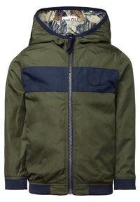 Grön och marinblå zip-up sweatshirtjacka med huva, ribbade �ärmslut och intern foder med lövdesign. Tyget är slätt och vattentåligt.
