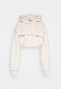 Felpa beige tagliata con cappuccio regolabile. Presenta il logo ricamato "Calvin Klein Jeans" in marrone chiaro, polsi a coste e dettagli delle cuciture.