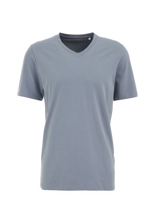 Kortärmad t-shirt med V-ringning i ljusblå bomull. Har en klassisk passform med en mjuk textur och inga synliga mönster eller detaljer.