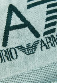 Tessuto in maglia azzurro chiaro con lettere verde scuro. Il design include una grande "A" e un logo che somiglia a delle ali, con strisce sopra.
