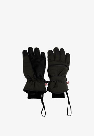 Schwarze isolierte Handschuhe mit gepolstertem Design, strukturiertem Griff an den Handflächen, elastischen Bündchen und verstellbaren Riemen. Enthalten eine Reißverschlusstasche.