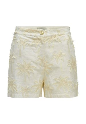 Shorts couleur crème avec motifs de palmiers brodés et un seul bouton décoratif à la taille sur fond blanc.