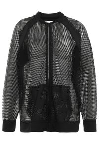 Black full-zip mesh jacket with long sleeves, ribbed cuffs and hem, and two front pockets.