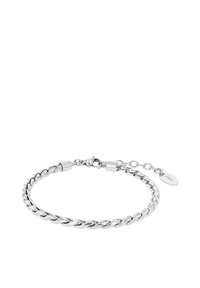 Bracciale in argento con maglie intrecciate e finitura liscia. Caratterizzato da una chiusura e una catena aggiuntiva per una lunghezza regolabile. Etichetta distintiva.