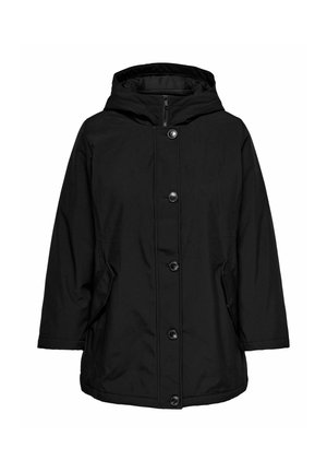 Zwarte hoodie-jack met een ritssluiting aan de voorkant en zes grote knopen, met zijzakken en een gestructureerde, lichte stof.