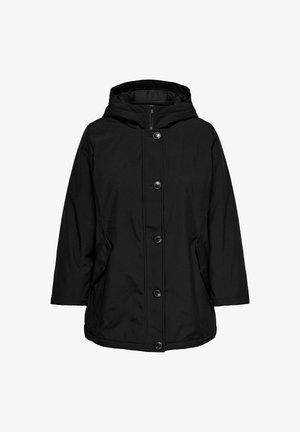Schwarze Kapuzenjacke mit einem Frontreißverschluss und sechs großen Knöpfen, seitlichen Taschen und einem strukturierten, leichten Stoff.