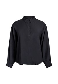 Crna košulja dugih rukava s ovratnikom, prednjim potrbušcem s gumbima i nabranim manžetama, izrađena od glatkog materijala.