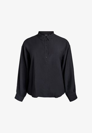 Schwarzes Langarmshirt mit Kragen, Knopfleiste vorne und gerafften Manschetten, aus glattem Stoff gefertigt.