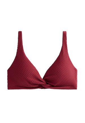 Burgundy bikini top with a textured, waffle design. Features triangle cups and a front twist detail. Adjustable shoulder straps.