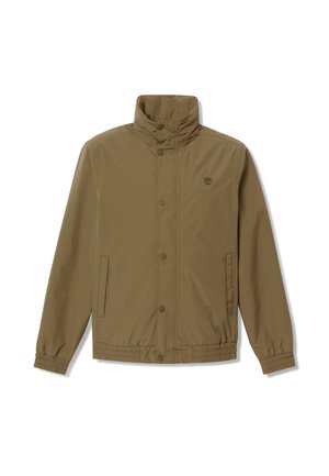 Brązowa lekka kurtka z wysokim kołnierzem, z przodu zatrzaski, elastyczne mankiety i dół oraz dwie boczne kieszenie.