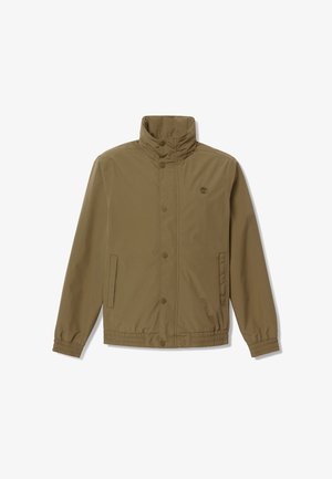 Braune leichte Jacke mit hohem Kragen, vorderen Druckknöpfen, elastischen Bündchen und Saum sowie zwei Seitentaschen.