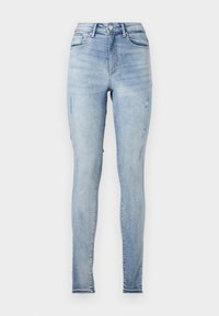 Hellblaue Skinny-Jeans aus Denim, mit Auswaschungen, distressed Details, hoher Taille und klassischem Fünf-Taschen-Design.