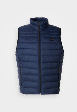 Gilet imbottito blu navy con collo alto, texture trapuntata, chiusura frontale con zip e due tasche laterali. Presenta un piccolo logo del brand.