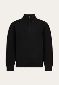 Schwarzer Pullover mit hochgeripptem Kragen und Viertelreißverschluss. Mit langen Ärmeln, gerippter Textur und tailliertem Bund.