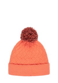 Knitted orange beanie with a textured chevron pattern, featuring a brown pom-pom and a folded ribbed cuff at the base.