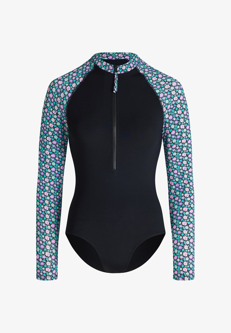 Maillot de bain noir à manches longues avec fermeture éclair frontale, imprimé floral sur les manches et le col dans des tons violets, bleus et verts.
