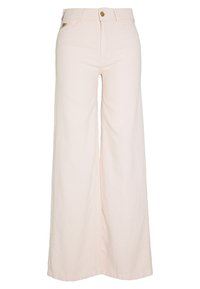 Světle růžové široké džíny vyrobené z denimové bavlny, s knoflíkovým zapínáním, předními kapsami a uvolněným střihem s hladkou texturou.