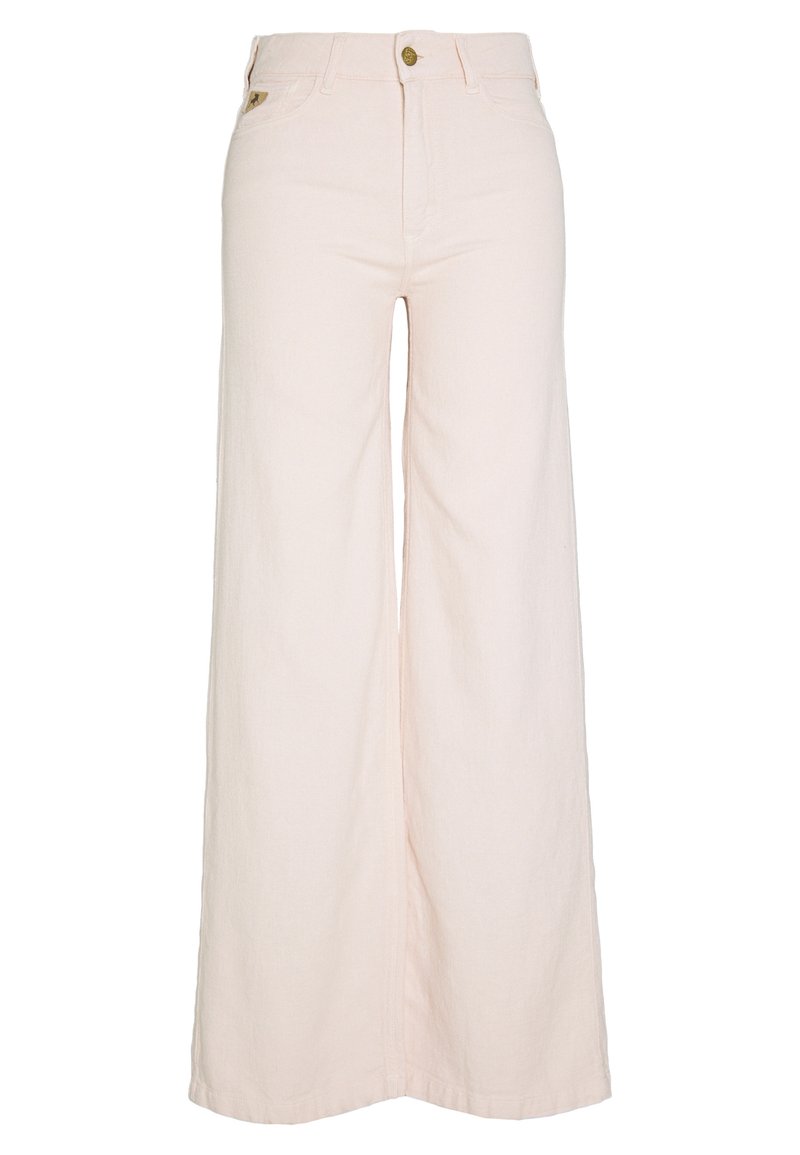 Světle růžové široké džíny vyrobené z denimové bavlny, s knoflíkovým zapínáním, předními kapsami a uvolněným střihem s hladkou texturou.