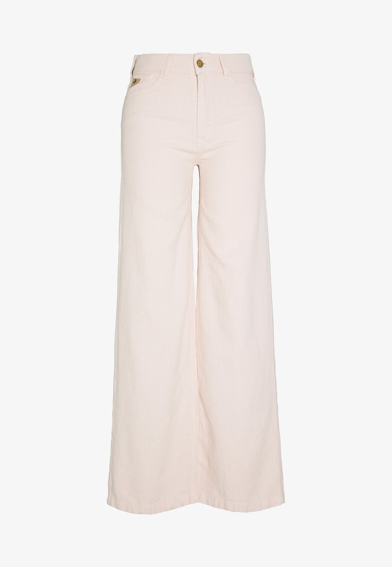 Světle růžové široké džíny vyrobené z denimové bavlny, s knoflíkovým zapínáním, předními kapsami a uvolněným střihem s hladkou texturou.