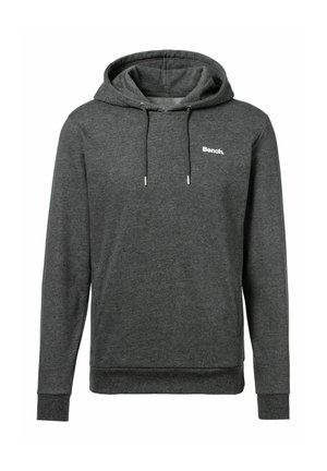 Dunkelgrauer Kapuzenpullover mit langen Ärmeln, Kordelzug und kleinem weißem "Bench."-Logo auf der linken Brust.