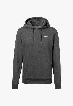 Dunkelgrauer Kapuzenpullover mit langen Ärmeln, Kordelzug und kleinem weißem "Bench."-Logo auf der linken Brust.