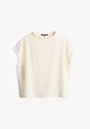Kurzärmliges, cremefarbenes Oberteil mit einer strukturierten, zerknitterten Optik; verfügt über einen runden Halsausschnitt und einen lockeren Schnitt, gefertigt aus einem weichen Stoff.