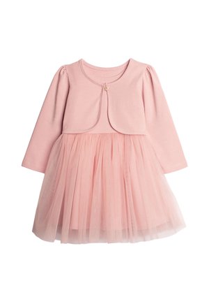 Różowa sukienka z długim rękawem z dołączonym krótkim kardiganem i warstwową spódnicą z tiulu, zaprojektowana dla malucha lub małego dziecka.