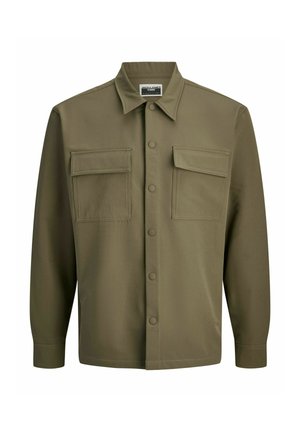 Olive green button-up shirt with a classic collar, two chest pockets, and long sleeves. Smooth texture, tailored fit, and minimal hardware.