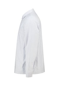 Camicia a righe con colletto in azzurro chiaro e bianco, realizzata in tessuto con una texture liscia. Presenta maniche lunghe e una tasca sul petto.