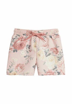 Bloemen shorts gemaakt van zachte stof, met een lichtroze achtergrond en grote rozenpatronen, elastische tailleband en een bijpassend trekkoord.