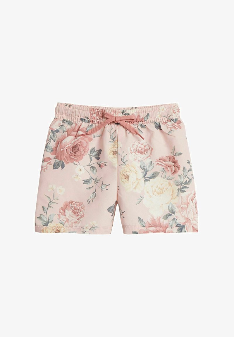 Bloemen shorts gemaakt van zachte stof, met een lichtroze achtergrond en grote rozenpatronen, elastische tailleband en een bijpassend trekkoord.