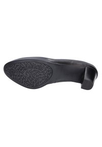 Chaussure à talon noire vue de dessous, avec semelle en caoutchouc antidérapante texturée et talon bloc, sur fond blanc.